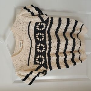 Aaron & Amber Cream and Black Knit Crochet Sweater Top Size M